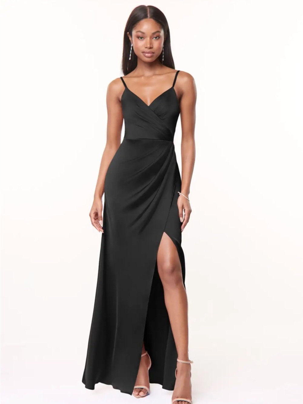 Azazie Black Maci, black stretch satin